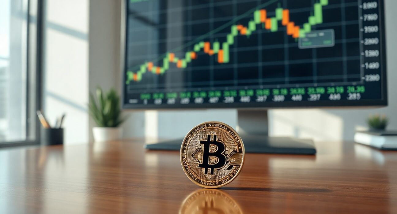 Bitcoin coin on desk with financial charts in background