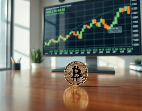 Bitcoin coin on desk with financial charts in background
