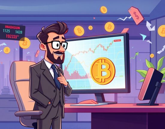 Hedge fund manager analyzing Grayscale Bitcoin Trust investment data with cryptocurrency charts