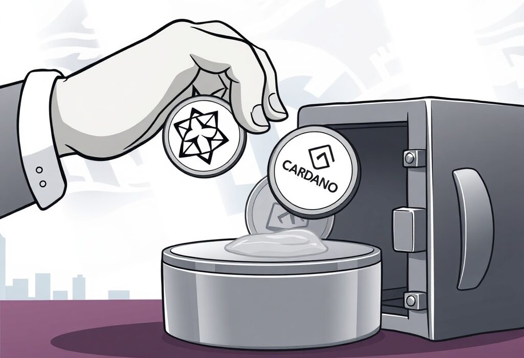 A cartoon image shows a hand placing Cardano and Hedera tokens into a vault, symbolizing Grayscale Cardano Hedera ETFs expanding digital asset investment.