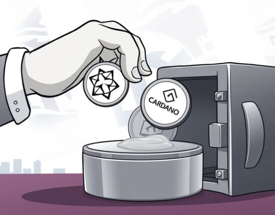 A cartoon image shows a hand placing Cardano and Hedera tokens into a vault, symbolizing Grayscale Cardano Hedera ETFs expanding digital asset investment.