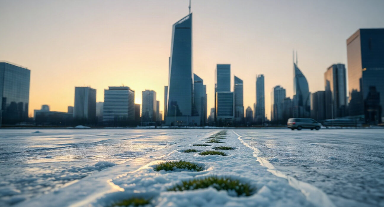 Financial district skyline at sunrise with melting ice path symbolizing crypto winter thaw