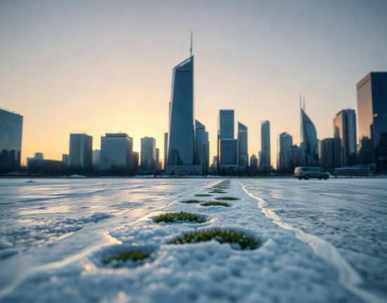 Financial district skyline at sunrise with melting ice path symbolizing crypto winter thaw