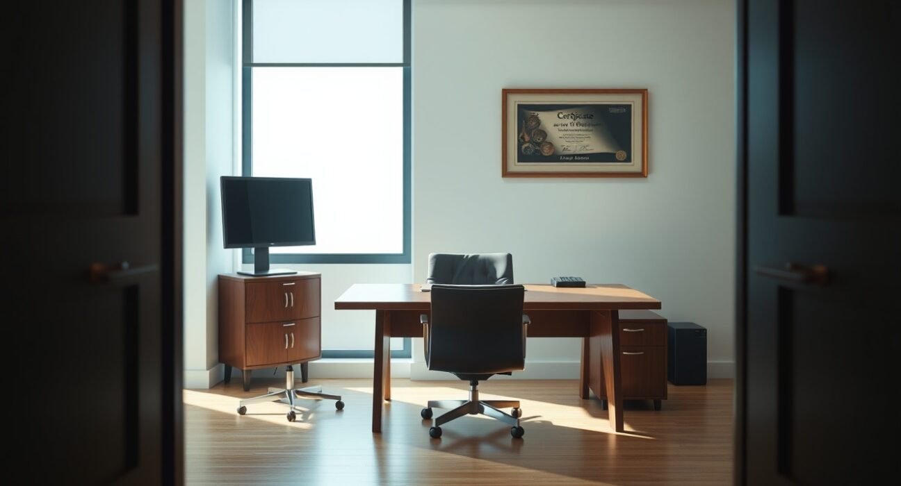 Empty executive office desk symbolizing the departure of Grayscale CFO Edward McGee