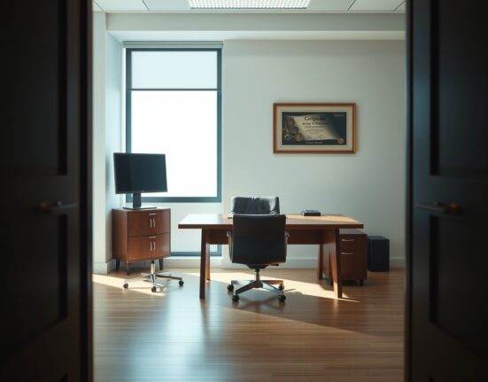 Empty executive office desk symbolizing the departure of Grayscale CFO Edward McGee