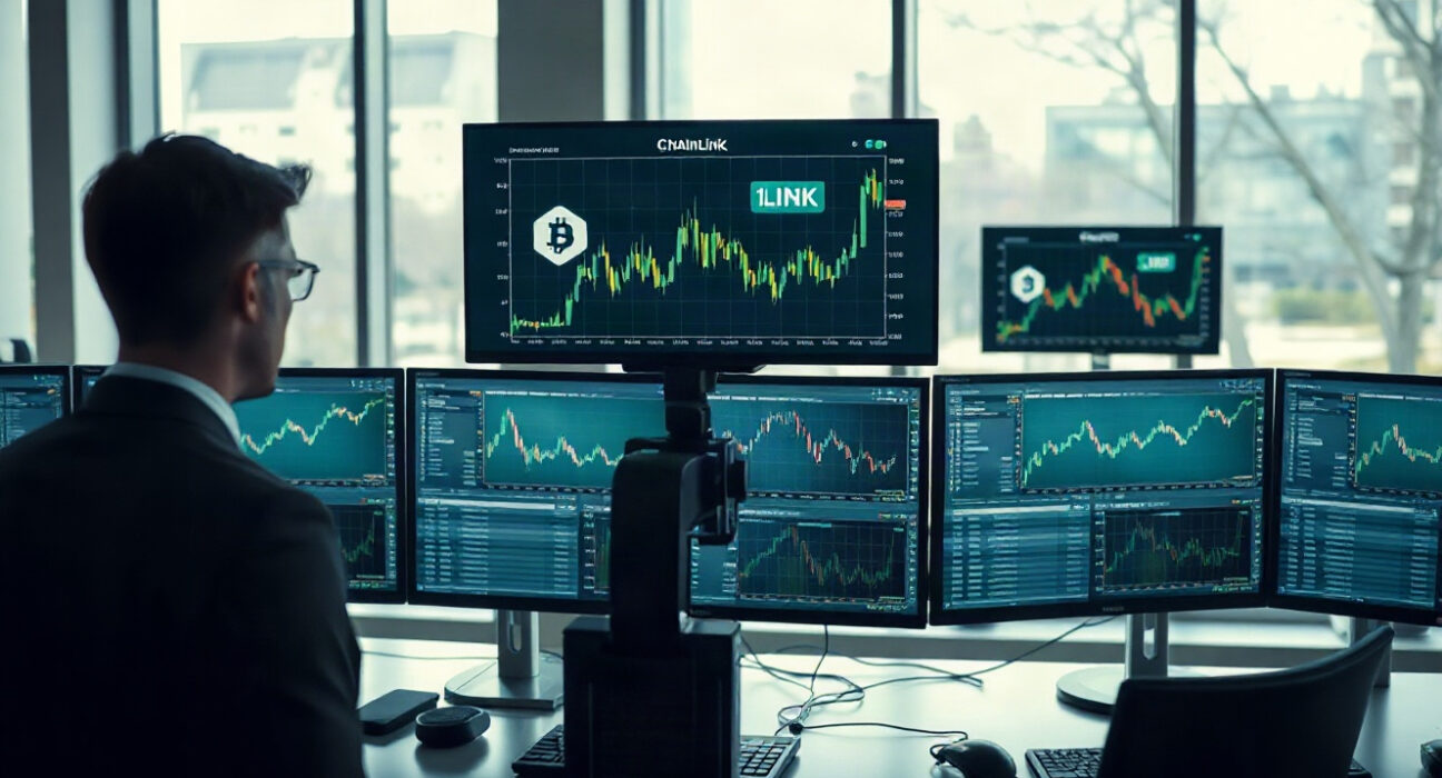 Grayscale Chainlink ETF purchase visualized with LINK chart on trading monitor