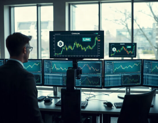 Grayscale Chainlink ETF purchase visualized with LINK chart on trading monitor