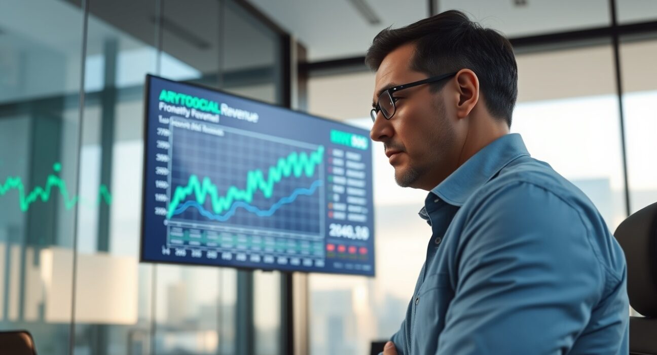 Financial analyst reviewing crypto protocol revenue data on a large digital screen in a modern office