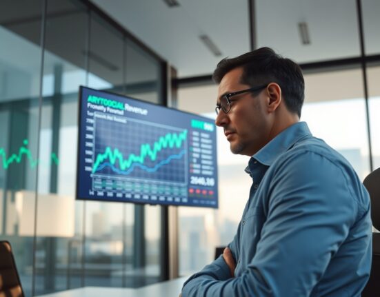 Financial analyst reviewing crypto protocol revenue data on a large digital screen in a modern office