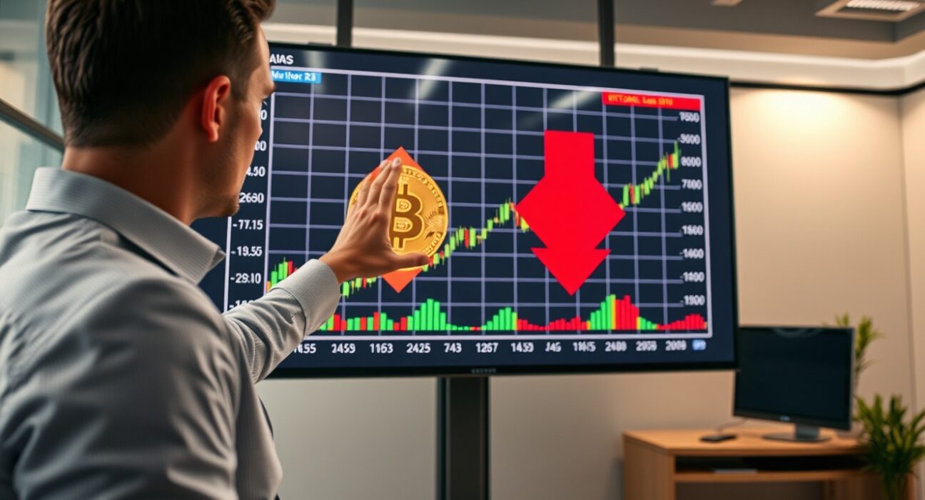 Analyst pointing at Bitcoin chart with diverging arrows in a modern newsroom setting