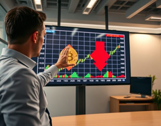 Analyst pointing at Bitcoin chart with diverging arrows in a modern newsroom setting