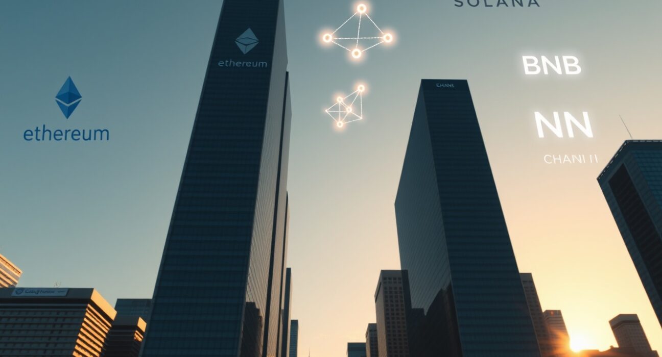 Financial district skyline with glowing blockchain network overlays representing Ethereum, Solana, and BNB Chain