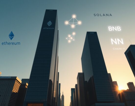Financial district skyline with glowing blockchain network overlays representing Ethereum, Solana, and BNB Chain