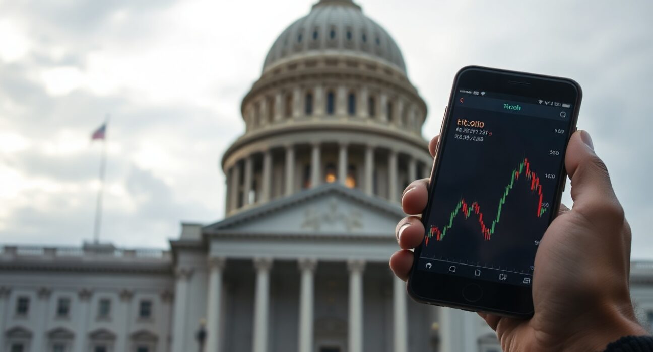 U.S. Capitol Building with a person in foreground holding a smartphone showing a Bitcoin chart