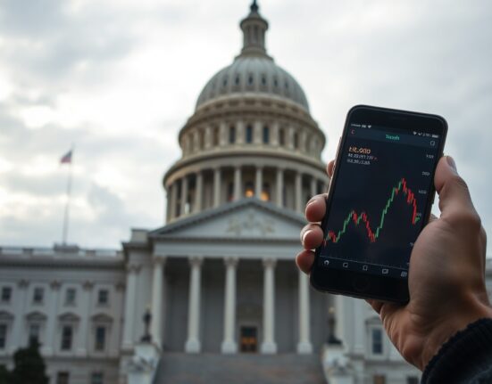 U.S. Capitol Building with a person in foreground holding a smartphone showing a Bitcoin chart