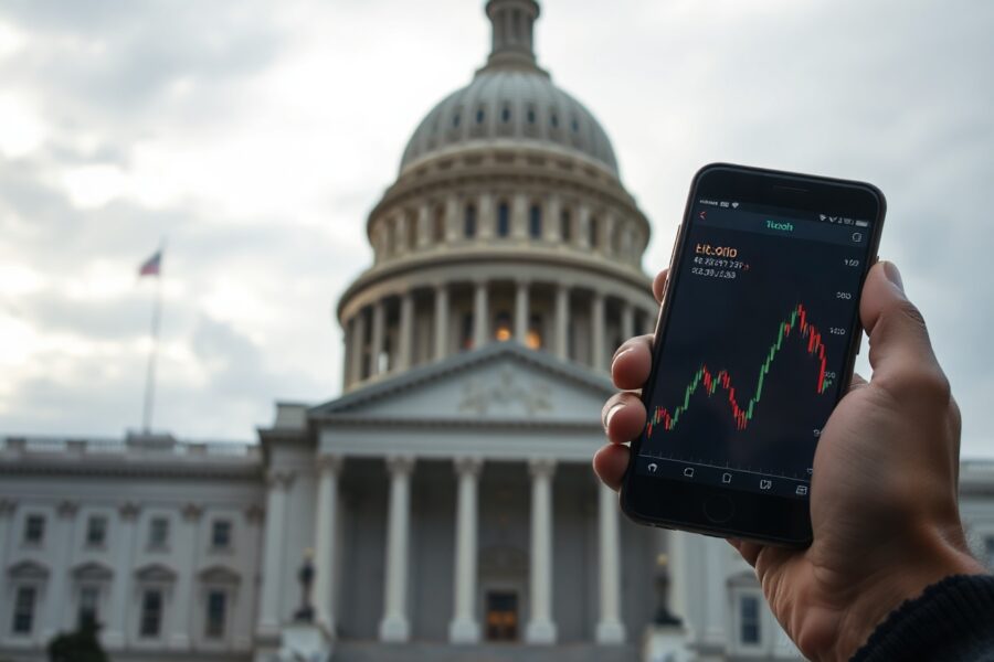 U.S. Capitol Building with a person in foreground holding a smartphone showing a Bitcoin chart