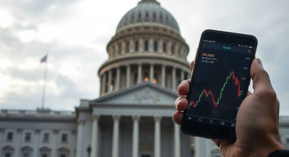 U.S. Capitol Building with a person in foreground holding a smartphone showing a Bitcoin chart