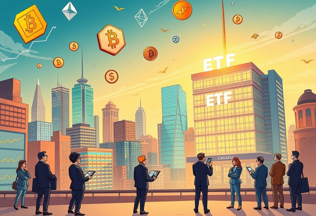A cartoon illustration showing financial buildings and crypto symbols, representing the crucial progress of Grayscale Crypto ETFs.