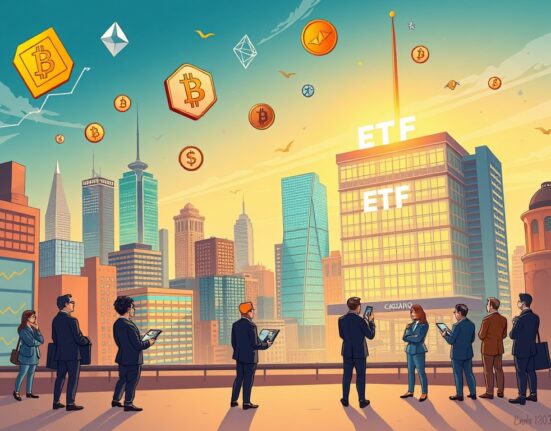 A cartoon illustration showing financial buildings and crypto symbols, representing the crucial progress of Grayscale Crypto ETFs.