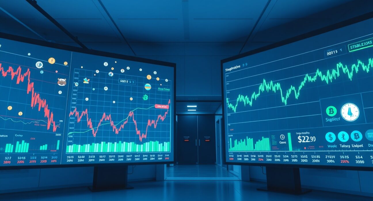 Financial trading floor with digital screens showing contrasting cryptocurrency market charts, representing shift from meme coins to fundamental tokens.