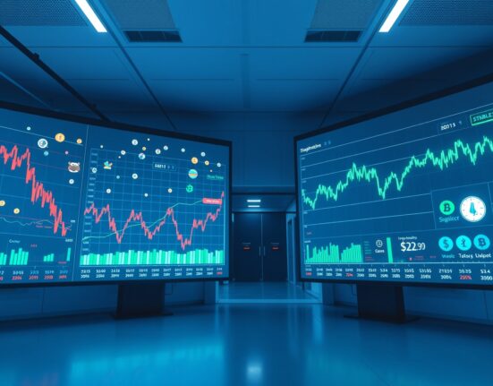 Financial trading floor with digital screens showing contrasting cryptocurrency market charts, representing shift from meme coins to fundamental tokens.