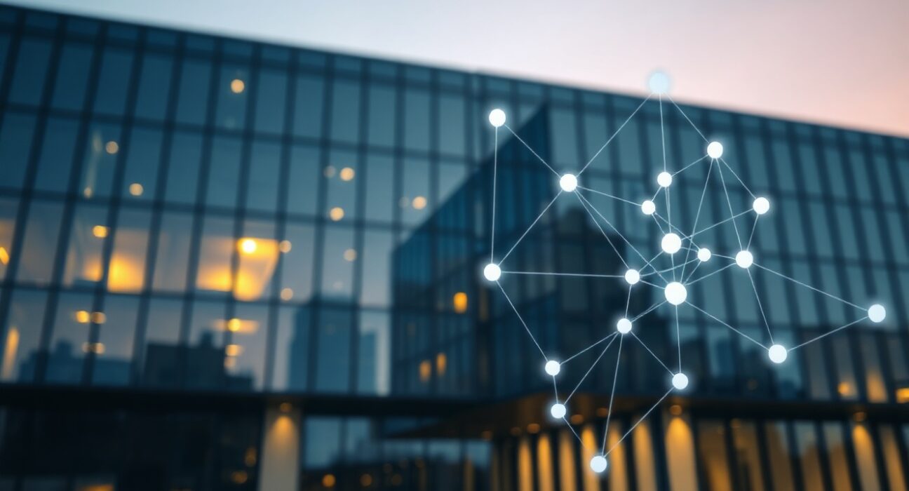 Modern office building with digital blockchain network overlay representing cryptocurrency asset management