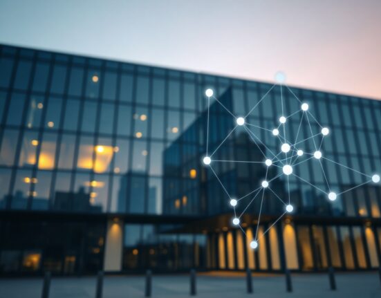 Modern office building with digital blockchain network overlay representing cryptocurrency asset management
