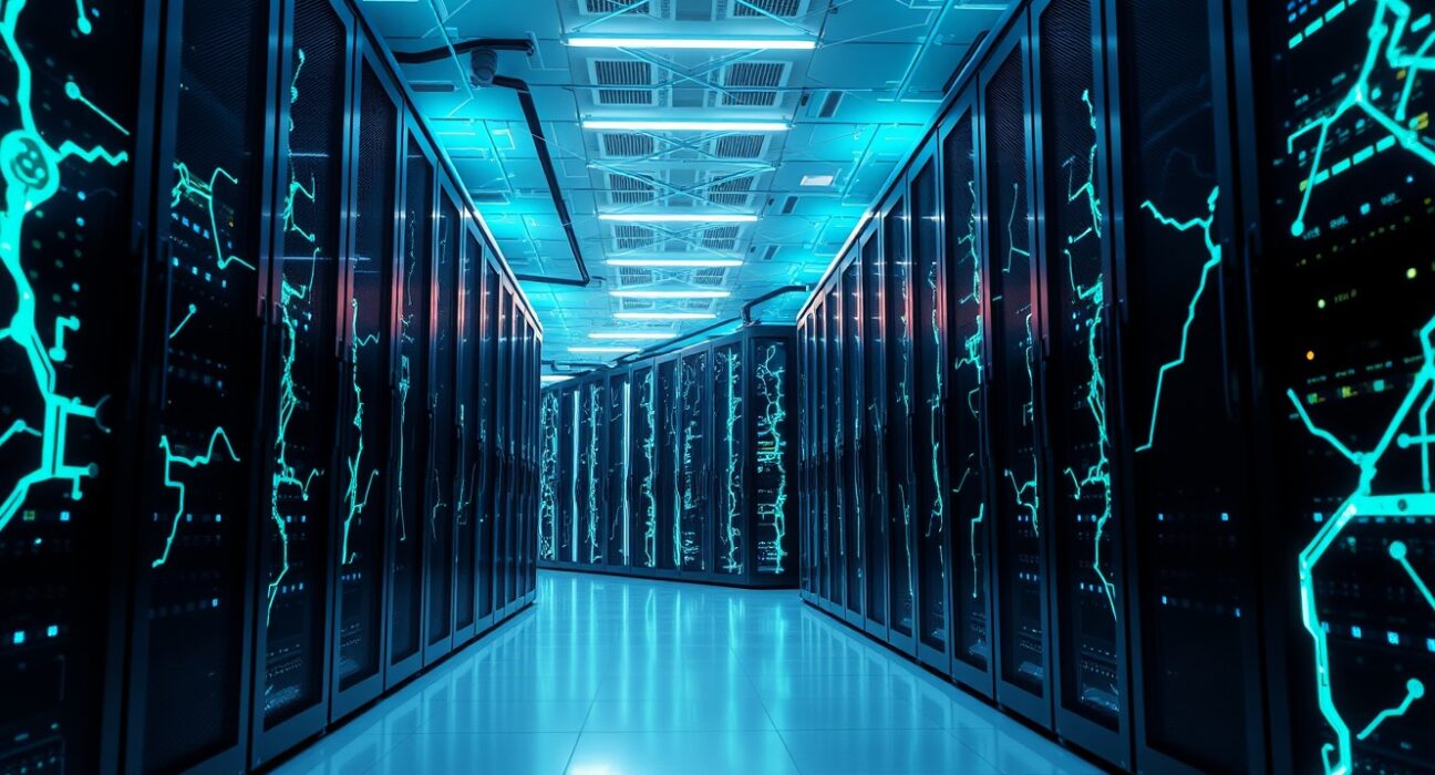 Futuristic data center with glowing servers representing decentralized AI infrastructure