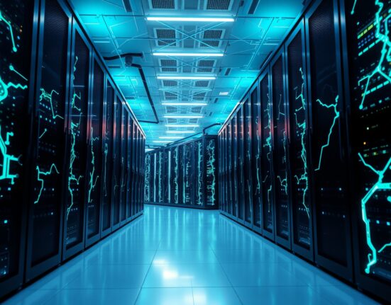 Futuristic data center with glowing servers representing decentralized AI infrastructure