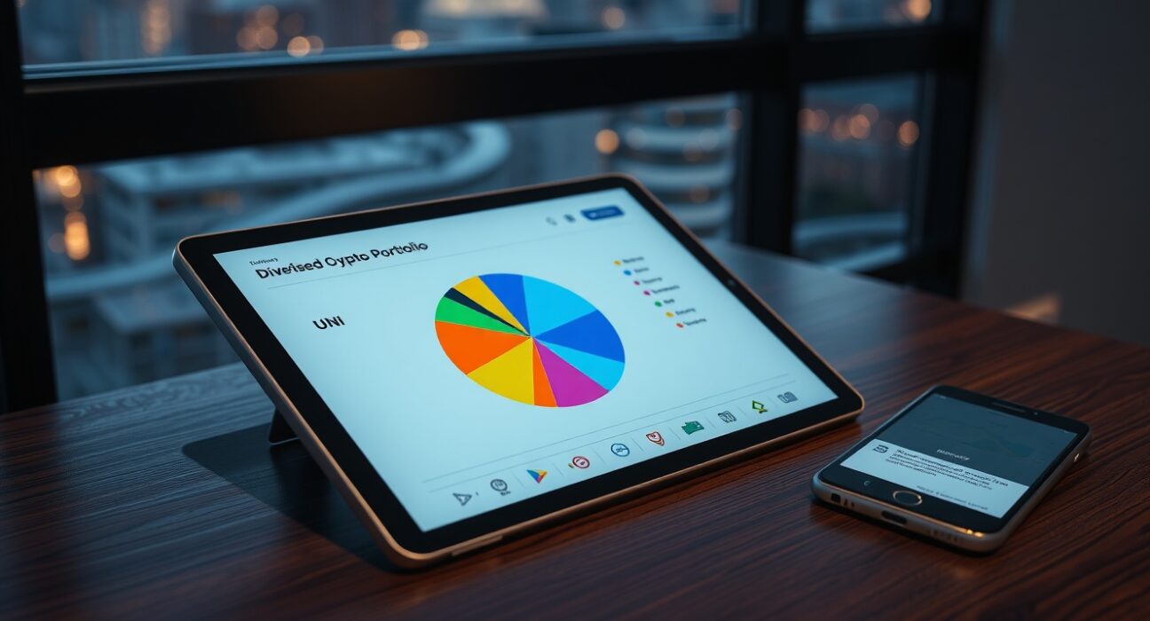 Tablet displaying a crypto fund pie chart next to a smartphone on a desk, representing Grayscale's DeFi Fund rebalance.