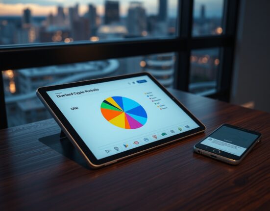 Tablet displaying a crypto fund pie chart next to a smartphone on a desk, representing Grayscale's DeFi Fund rebalance.