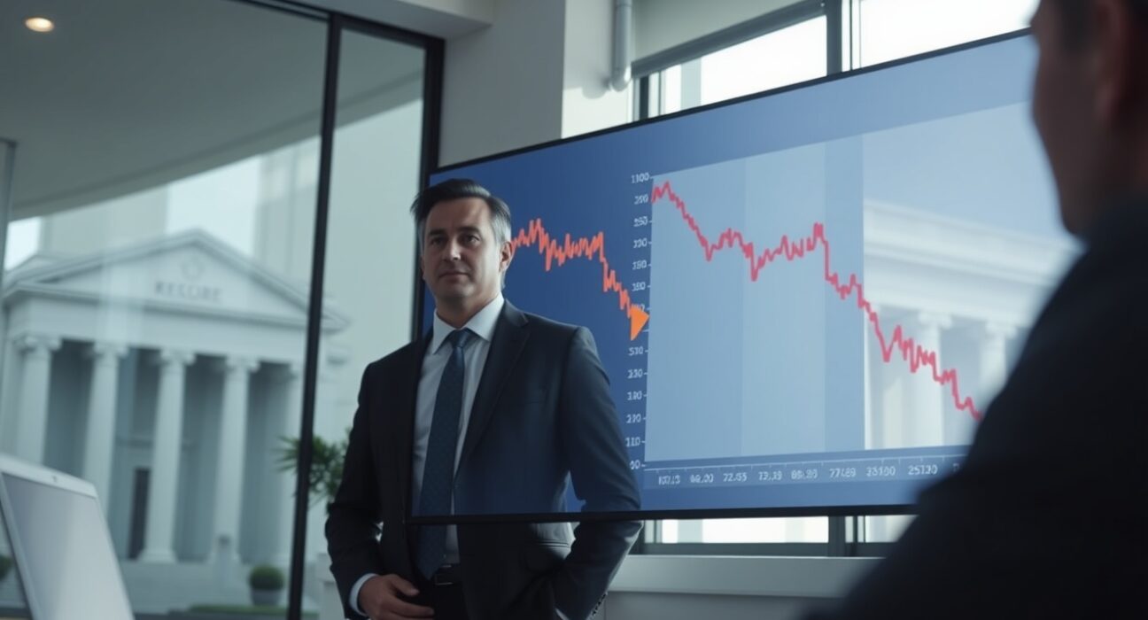 Financial analyst watching Bitcoin price chart with downward trend in a modern office