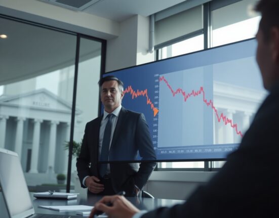 Financial analyst watching Bitcoin price chart with downward trend in a modern office