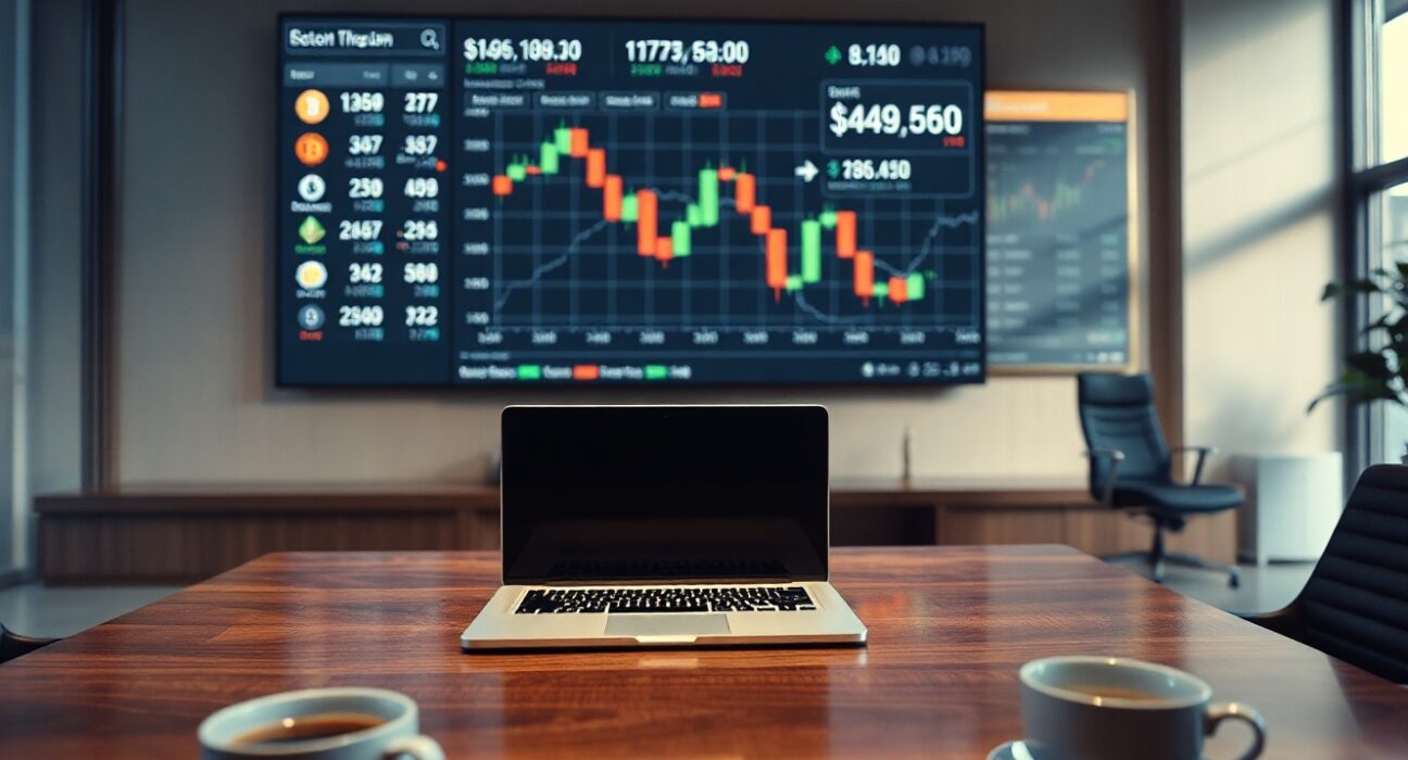 A professional office with a large digital screen showing a cryptocurrency price chart with Bitcoin and Ethereum tickers.