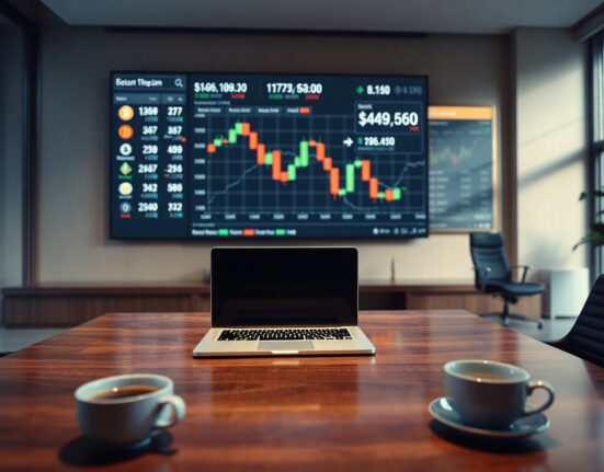 A professional office with a large digital screen showing a cryptocurrency price chart with Bitcoin and Ethereum tickers.
