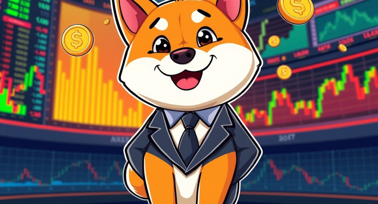 Cheerful Shiba Inu representing DOGE ETF trading on stock exchange with market charts