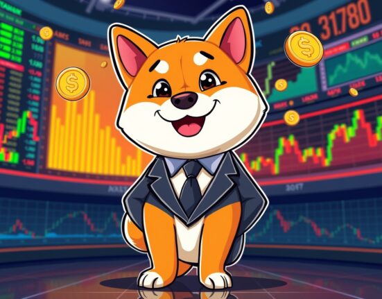Cheerful Shiba Inu representing DOGE ETF trading on stock exchange with market charts
