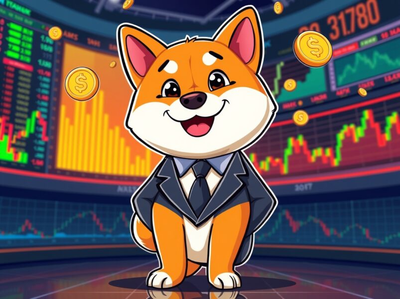 Cheerful Shiba Inu representing DOGE ETF trading on stock exchange with market charts