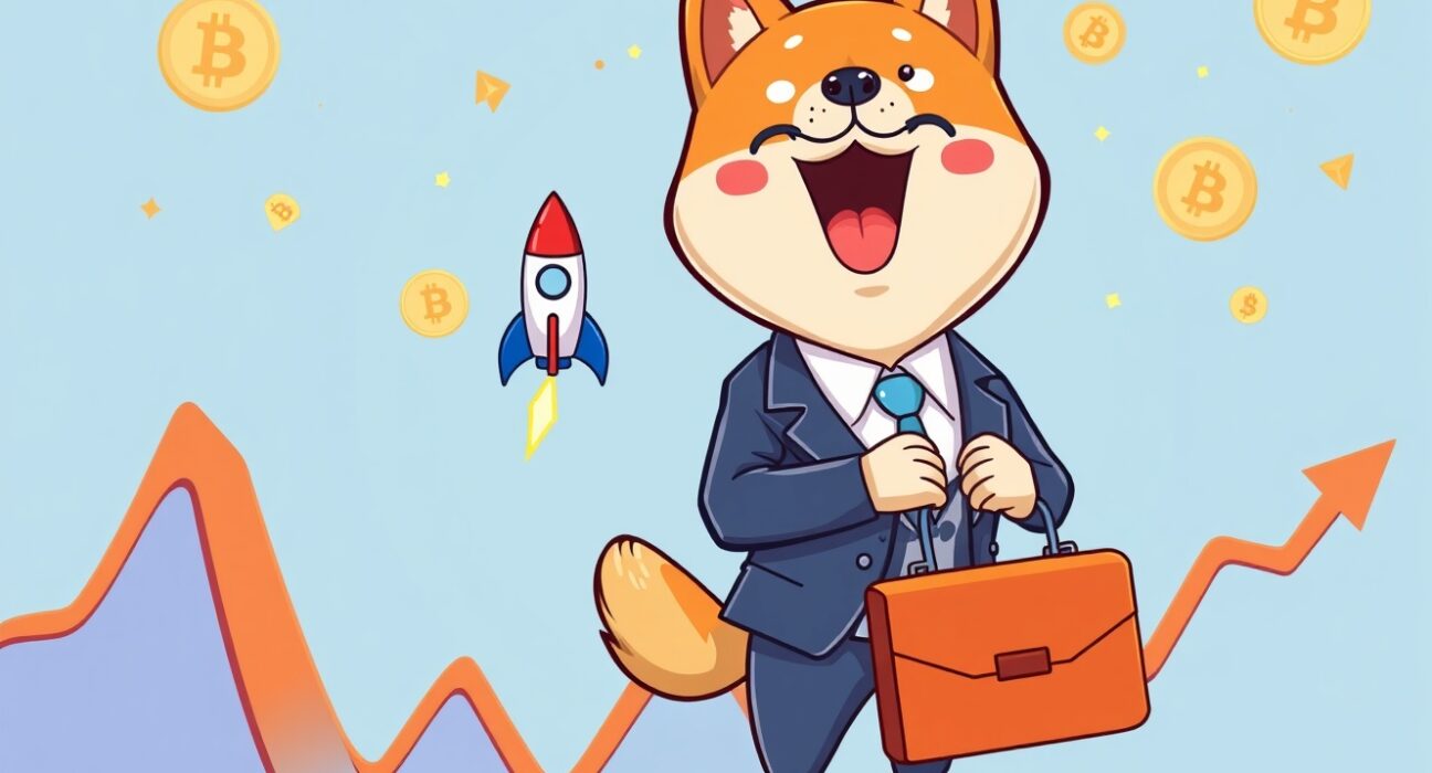 Grayscale DOGE ETF represented by cheerful business dog jumping over crypto vault