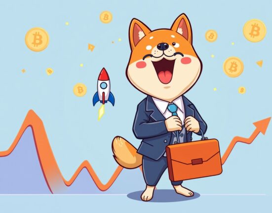 Cheerful Shiba Inu representing the new DOGE ETF launch with cryptocurrency growth