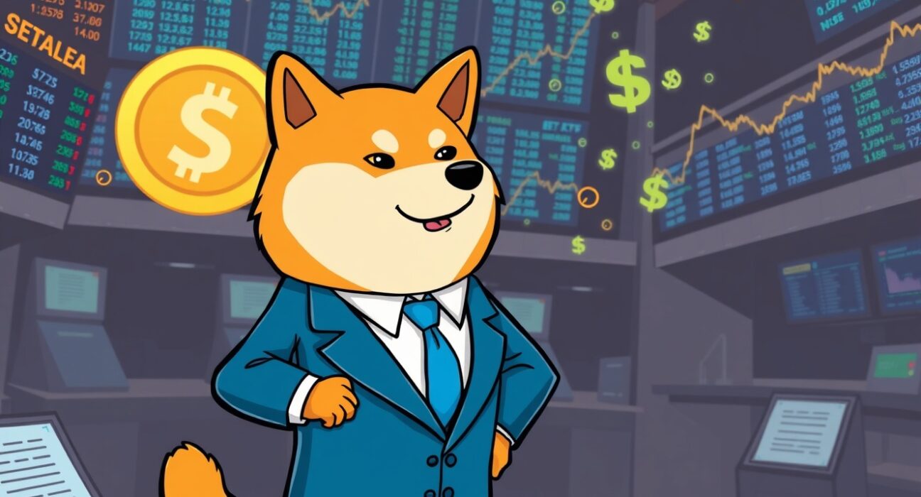 A cartoon Dogecoin symbol on a trading floor, symbolizing Grayscale's significant move to convert its Dogecoin Trust into a Dogecoin ETF.