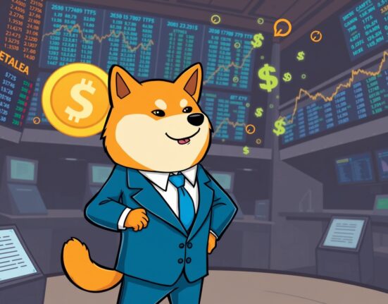 A cartoon Dogecoin symbol on a trading floor, symbolizing Grayscale's significant move to convert its Dogecoin Trust into a Dogecoin ETF.