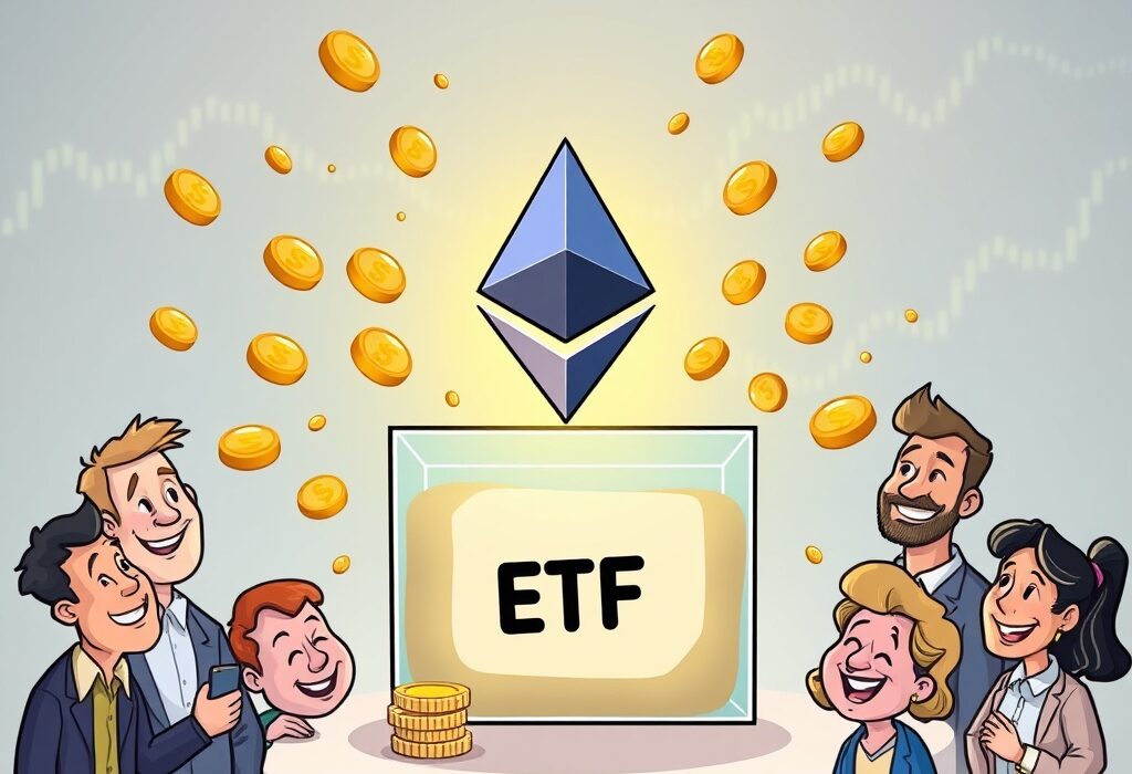 Cartoon illustration of an ETH covered call ETF generating income, symbolizing a strategic crypto investment opportunity.