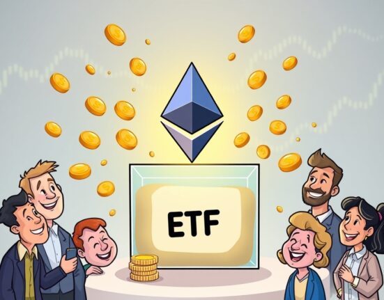 Cartoon illustration of an ETH covered call ETF generating income, symbolizing a strategic crypto investment opportunity.
