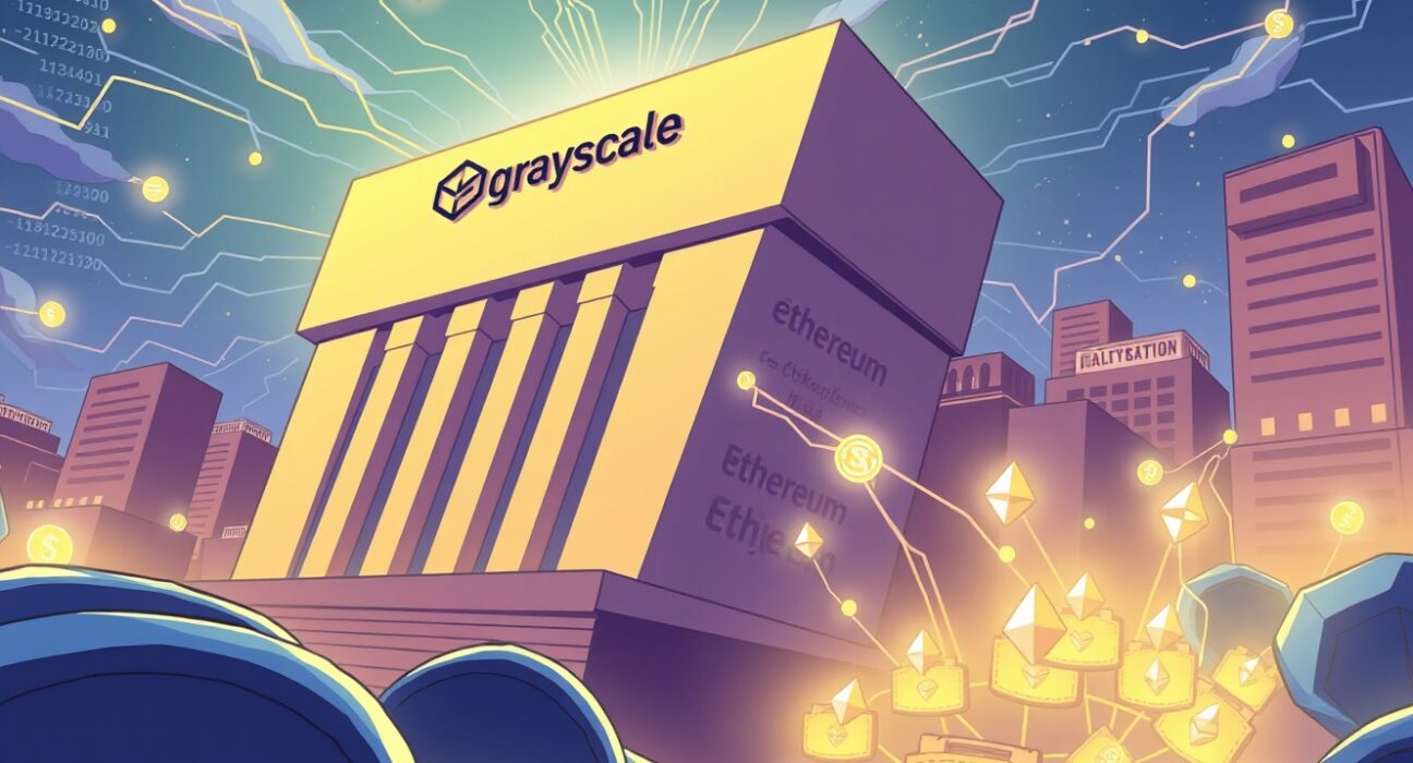A cartoon illustration showing Grayscale preparing for potential Grayscale ETH ETF staking, with Ethereum flowing to new wallets.