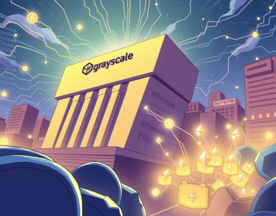 A cartoon illustration showing Grayscale preparing for potential Grayscale ETH ETF staking, with Ethereum flowing to new wallets.