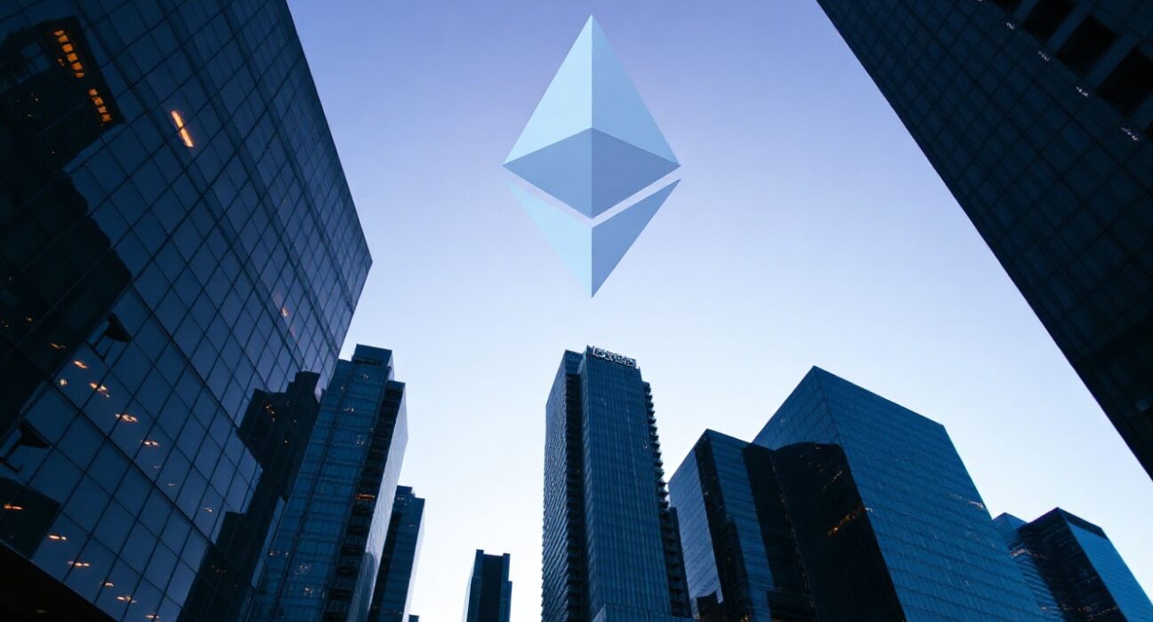 Grayscale Ethereum Mini ETF staking rewards cash distribution concept with city skyline and Ethereum symbol