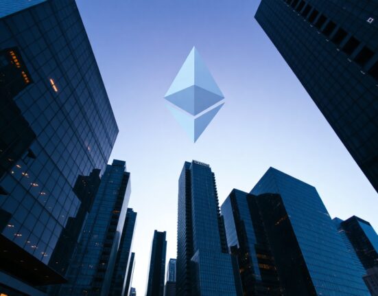 Grayscale Ethereum Mini ETF staking rewards cash distribution concept with city skyline and Ethereum symbol