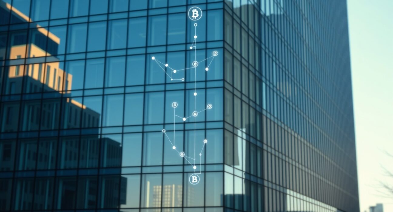 Modern office building with faint digital blockchain network overlay representing institutional crypto investment