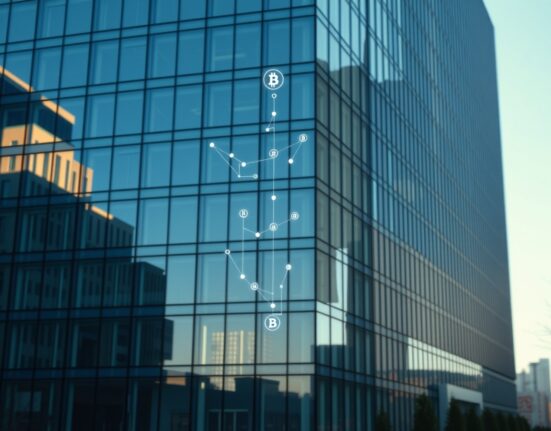 Modern office building with faint digital blockchain network overlay representing institutional crypto investment